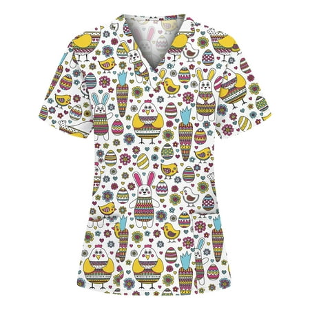 

Easter Scrubs Tops Women Nurse Working Uniforms Cartoon Printed V Neck Short Sleeve Medical Scrub Shirts /M