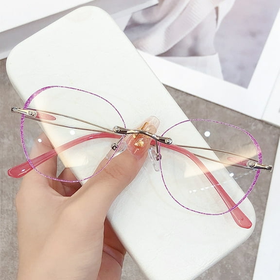 Rimless Blue Light Blocking Reading Glasses 3.50 for Women, Glitter Purple Frameless Presbyopic Glasses Oversized Bling Readers 3.50