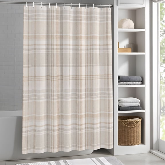 Farmhouse Linen Look Shower Curtain for Bathroom, Fabric Shower Curtain Set with Hooks, Waterproof Washable Bath Curtain for Bathroom Decor, 72"x72"