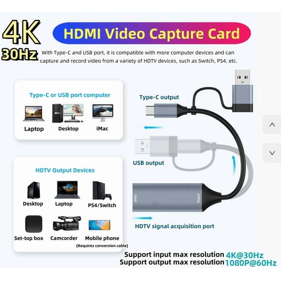 4K 30Hz HD USB 3.0/Type C Video Capture Card 2-in-1HD 4K Game Live Streaming Capture Card 1080P Type Grabber Record for Switch Xbox PS4/5 Live Broadcast