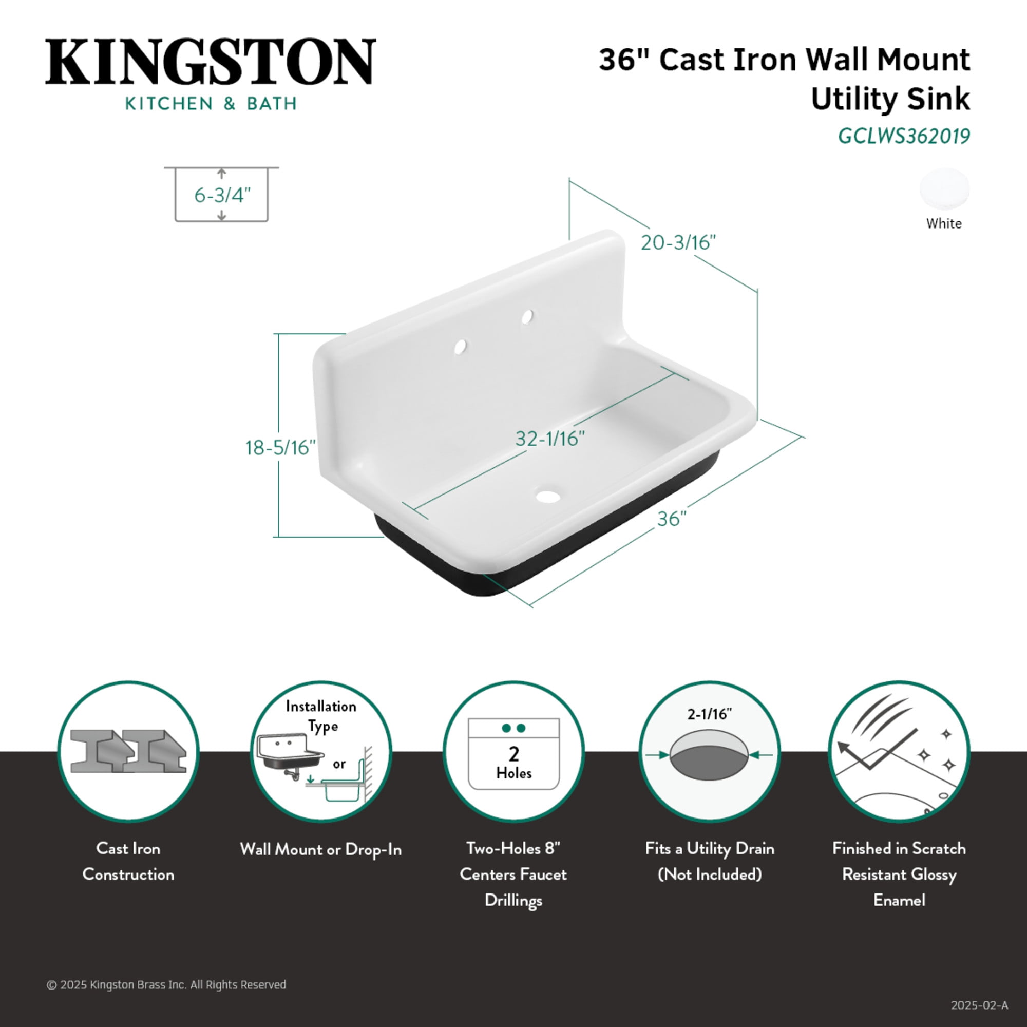 Gourmetier GCLWS362019 Towne 36-Inch Cast Iron Wall Mount Utility Sink, 2-Hole, White