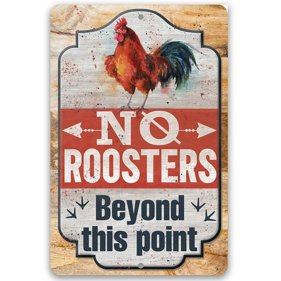 Metal Sign - No Roosters Beyond This Point - Durable Metal Sign - Use Indoor/Outdoor - Funny She Shed Decor and Girl Bathroom Sign (8" x 12")