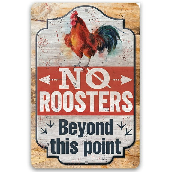 Metal Sign - No Roosters Beyond This Point - Durable Metal Sign - Use Indoor/Outdoor - Funny She Shed Decor and Girl Bathroom Sign (12" x 18")