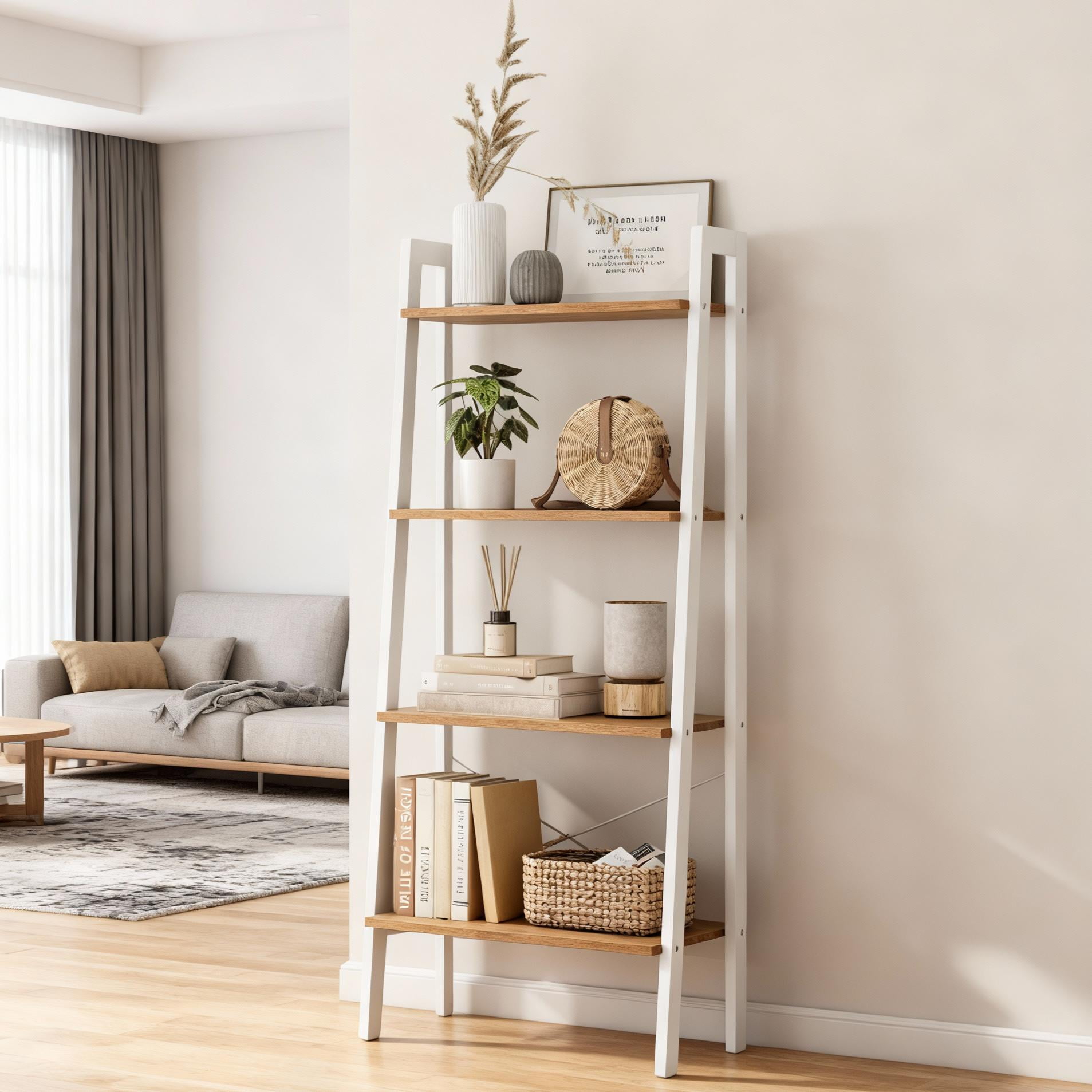 LEDREM Ladder Shelf, 4-Tier Bookshelf, Storage Rack, Bookcase, for Living Room, Kitchen, Bedroom, Honey Brown and Cloud White