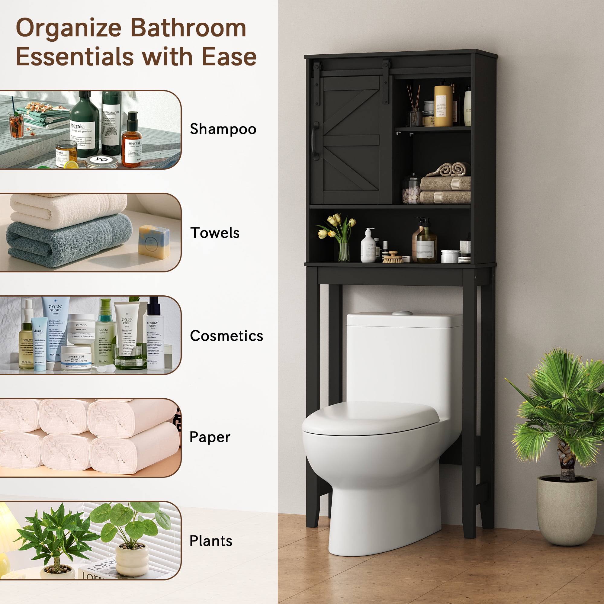 Over the Toilet Storage Cabinet, Bathroom Space Saver Organizer with Sliding Barn Door, Anti-Tipping Design, Waterproof, Adjustable Shelves for Laundry Room Organization