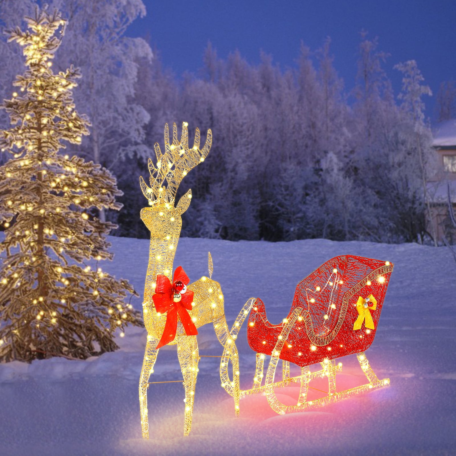 Christmas Yard Decoration, Warm White Light Up Reindeer & Sleigh