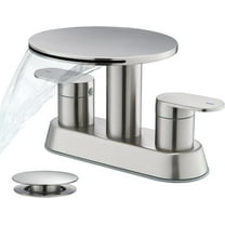 Waterfall Bathroom Sink Faucet 3 Hole Brushed Nickel，Modern 2 Handle Vanity Faucet for Bathroom Sink 4 inch Centerset with Round Shelf & Metal Pop-Up Drain