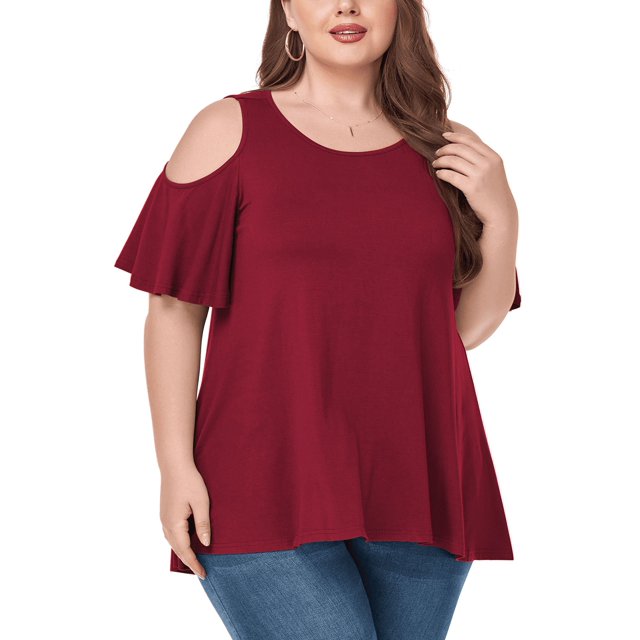 CHUANK Women‘s Plus Size Cold Shoulder Tunic Top Summer Short Sleeve Blouse