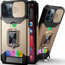 Dteck for iPhone 12 Pro / 12 6.1" Case with Camera Cover & Kickstand, Slide Lens Protection   360 Rotate Ring Stand, Impact-Resistant, Shockproof, Protective Bumper, Gold