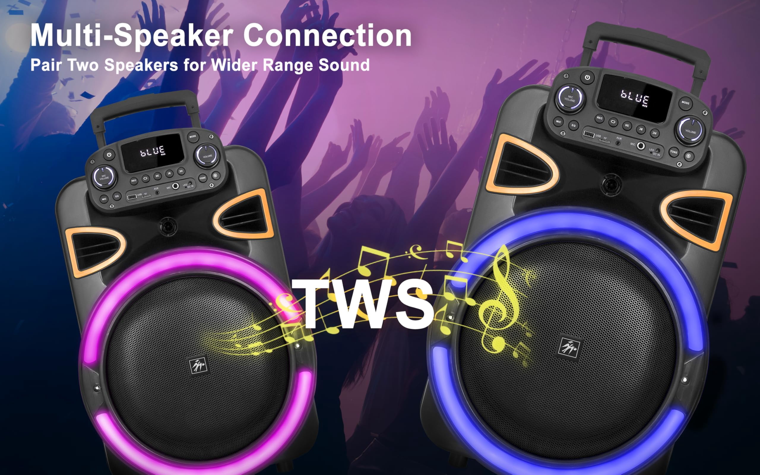 Fisher Portable Bluetooth Wireless Speaker System: 15" Subwoofer 80W Peak Power Loud HD Deep Bass Sound|LED Lights|Rechargeable|Karaoke|Remote|TWS Pairing|USB Port|TF|AUX|FM Radio|MIC Input|Equalizer