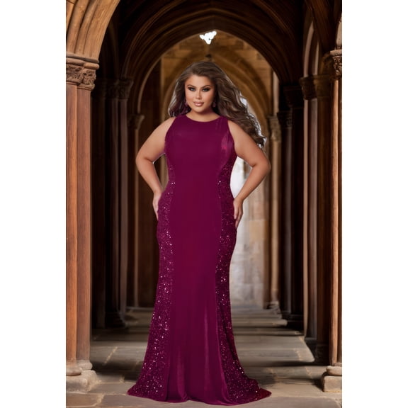 Plus Size Burgundy Velvet Sequin Mermaid Evening Gown, Sleeveless Round Neck Formal Prom Wedding Guest Dress