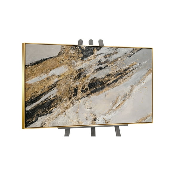 YS-Art Golden Touch Hand-Painted Abstract Canvas Painting with Gold Frame, Large Wall Art for Modern Interiors, 32x48 in