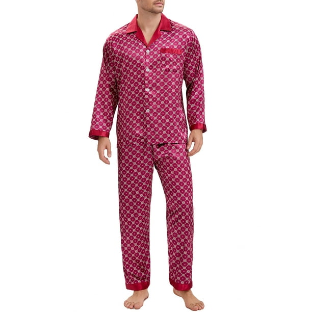 INSPIRAR CHIC Conjunto de Pijamas de 2 Piezas para Hombre, Camisa de Dormir con Botones, Patrón Casual, XL Rojo