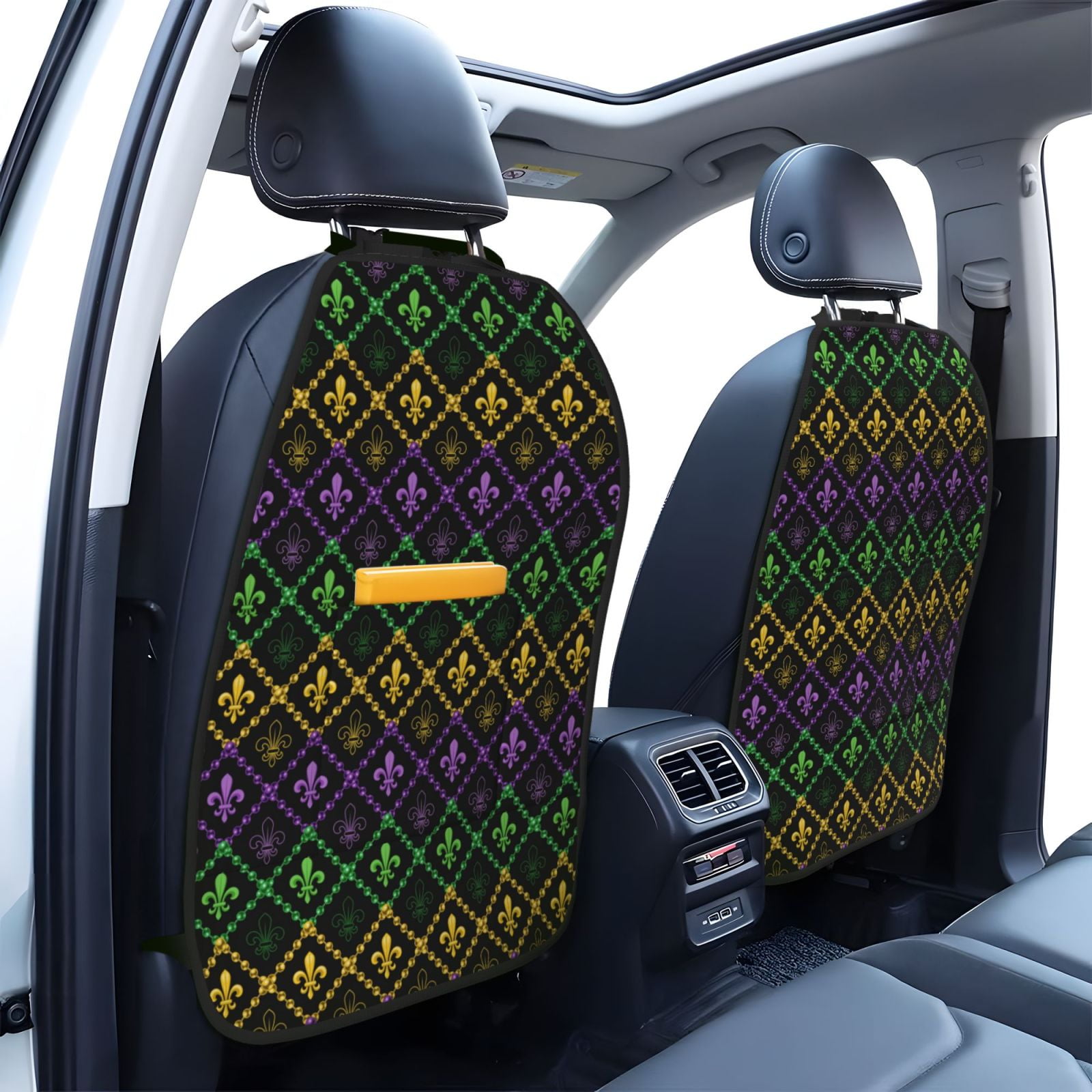 Xecao Mardi Gra Geometric Pattern Car Seat Back Protector 2 Pack Large Capacity Pocket, Kick Mats Back Seat Protector