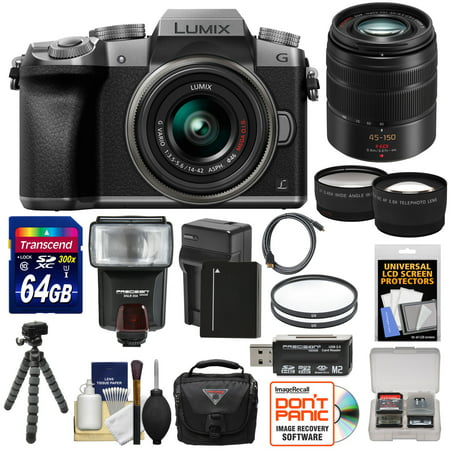 Panasonic Lumix DMC-G7 4K Wi-Fi Digital Camera & 14-42mm (Silver) with 45-150mm Lens + 64GB Card + Case + Flash + Battery & Charger + Tripod + 2 Lens Kit