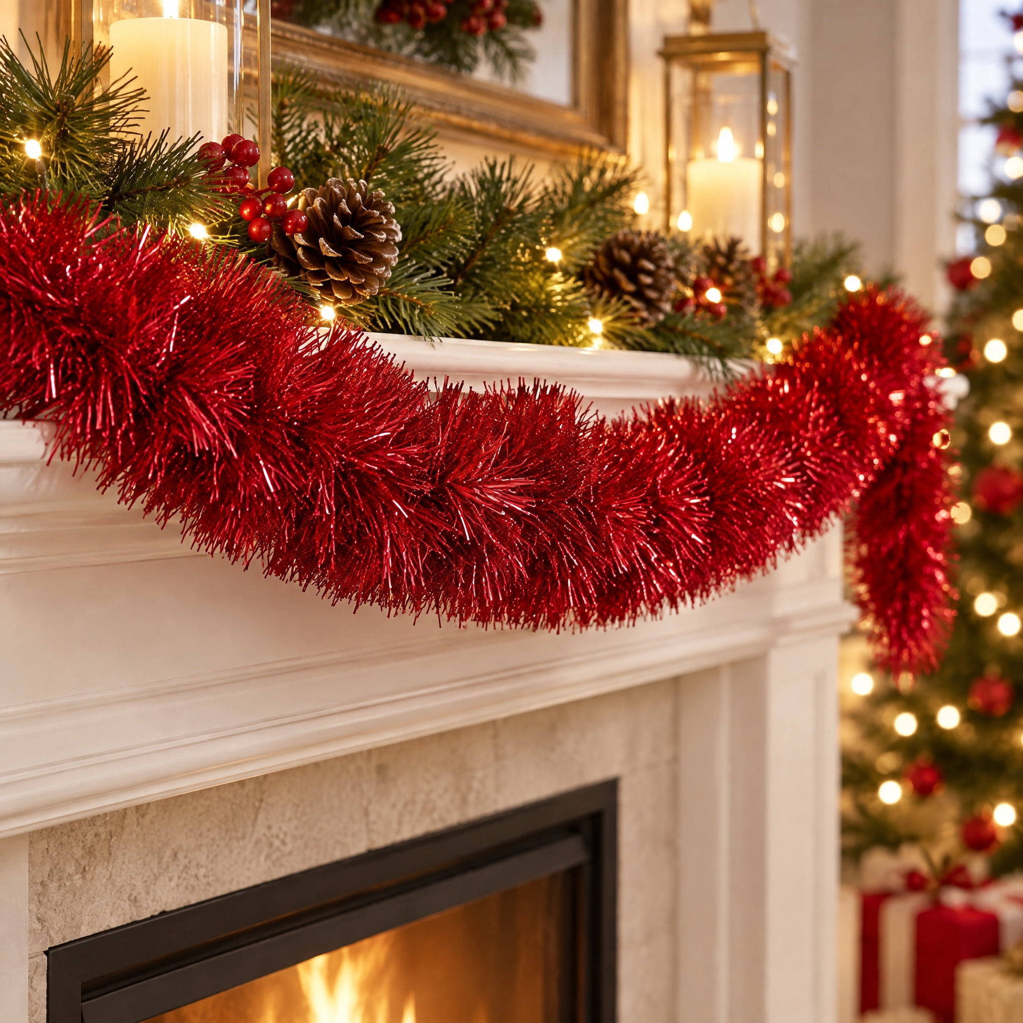 Tinsel Christmas Garland, Red, 15', by Holiday Time