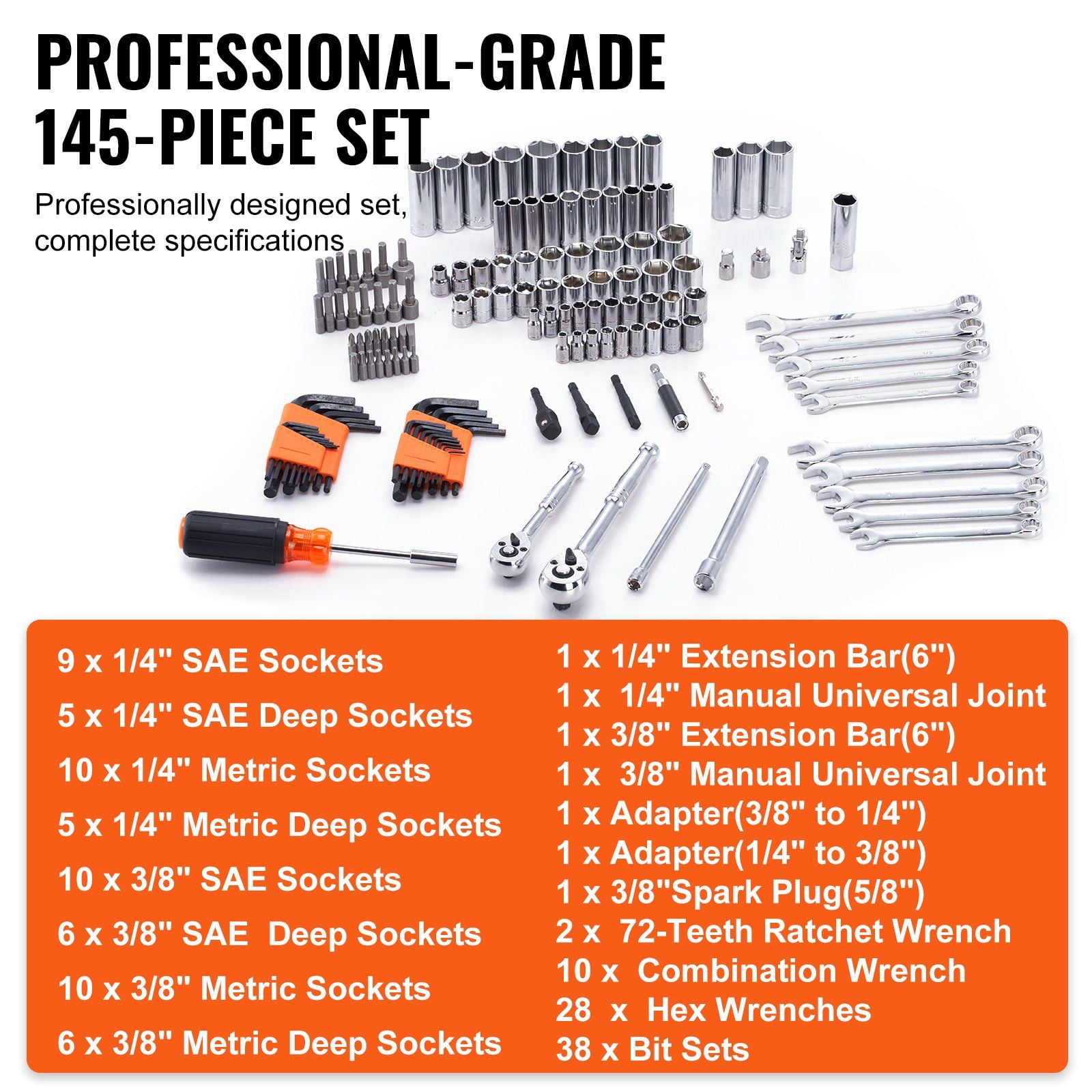 145-Piece Mechanics Tool Set with 1/4" & 3/8" Drive, SAE/Metric Sockets - Deep & Standard, Wrenches, Bits, Case - Professional Automotive Repair Kit
