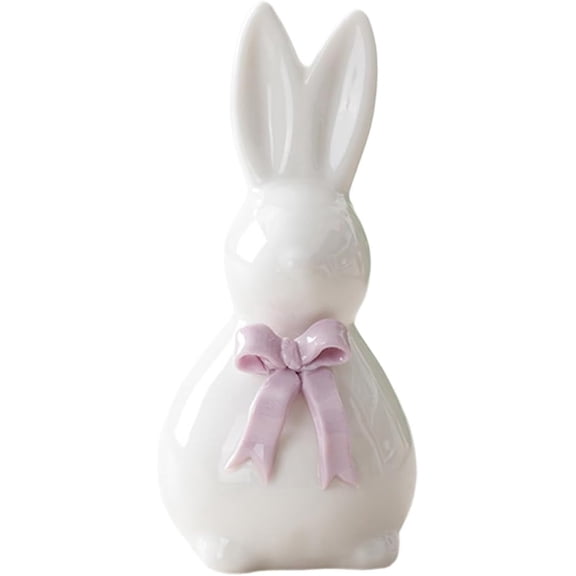 Easter Ceramic Rabbit Figurine,4.7”White Porcelain Bunny with Bow, Small Spring Tabletop Decor for Home & Party (Purple)