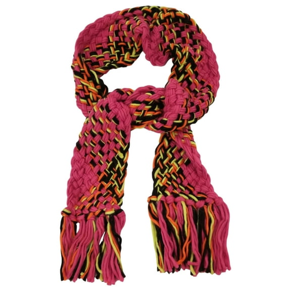 Womens Hot Pink Neon Yellow Black Multi-Color Crochet Chunky Knit Scarf Tassels