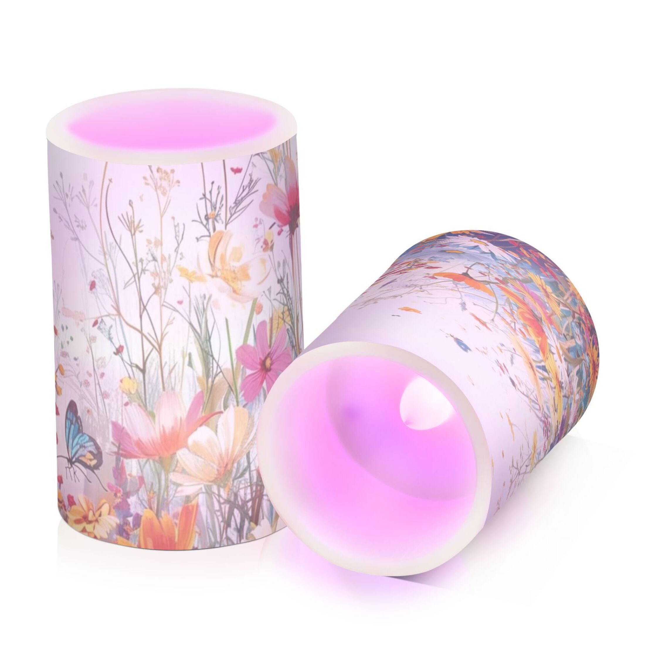Spring Flower Flickering Flameless Candles Battery Operated with Remote Timer LED Pillar Candles Set of 2