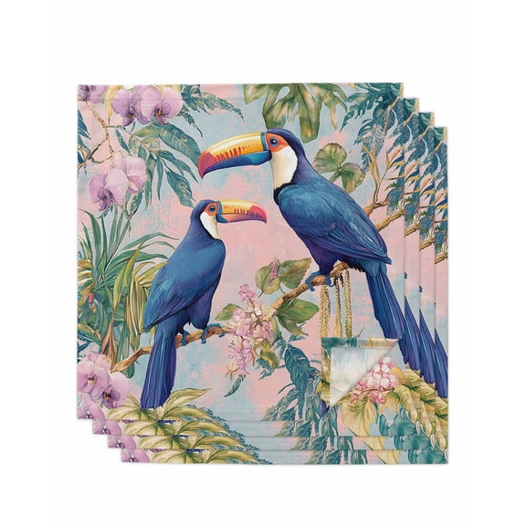 nqOlkjepod Parrot Flower Cloth Napkins Set of 4 Reusable Dinner Napkins, Summer Animal Vintage Botanical Prints Cocktail Napkin Washable Table Napkins for Wedding/Holiday Party/Baby Shower 20"x20"