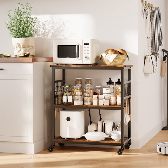 Spacious 3-Tier Kitchen Island Cart on Wheels – Rolling Utility Storage Shelf with Microwave Stand, Bakers Rack, 6 Removable Hooks, 4 Swivel Casters