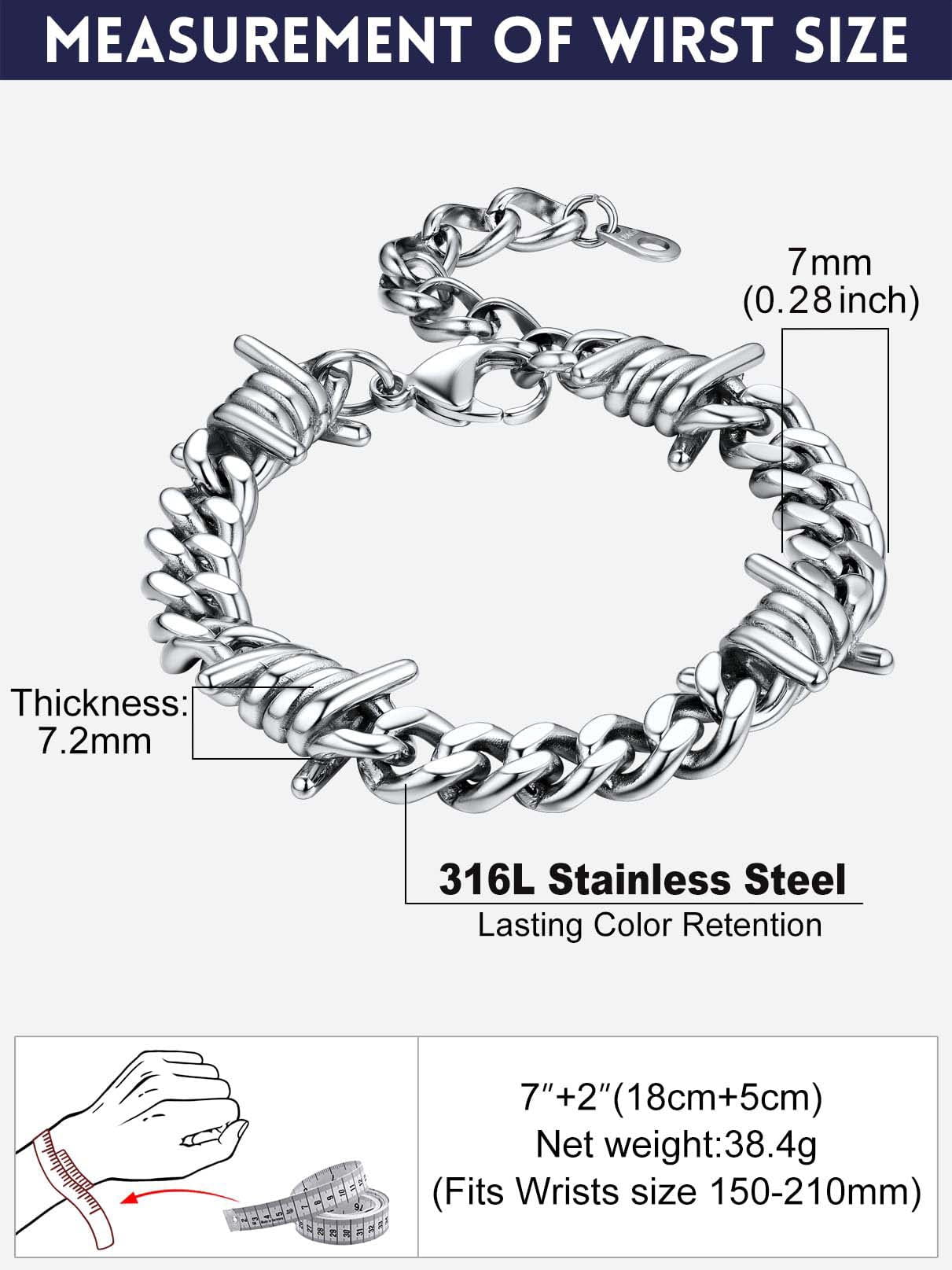 Bandmax 7MM Thorns Cuban Link Chain Bracelet for Men Dad Son Father's Day Graduation Gift Stainless Steel Curb Chain Bracelet for Women Punk Jewelry
