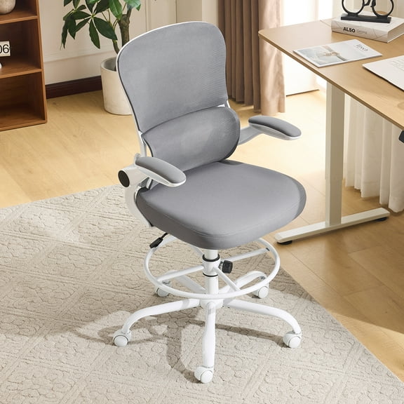 Zimtown Drafting Chair, Adjustable Tall Office Chair with Flip-up Armrests, Breathable Mesh Desk Chair with Lumbar Support and Footrest, Gray