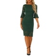 thumbnail image 2 of INSPIRE CHIC Lace Sheath Dress for Women's Boat Neck Bell Sleeve Vintage Cocktail Dress XS Dark Green, 2 of 6