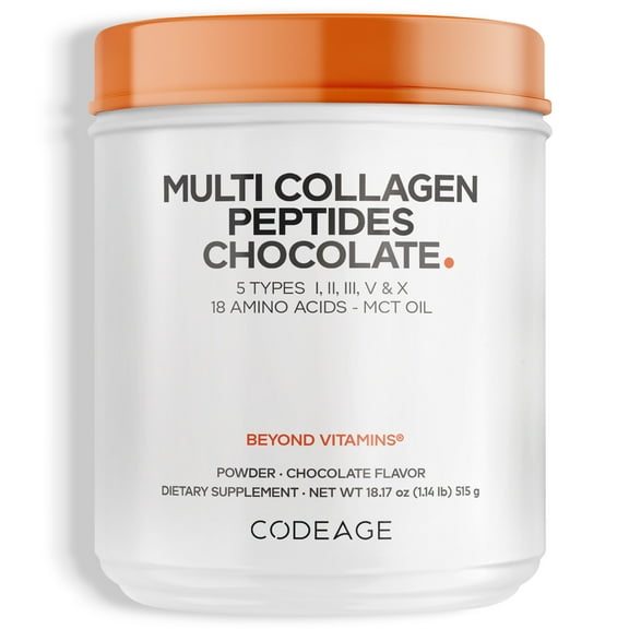 Codeage Multi Collagen Peptides Protein Powder, Chocolate Cocoa, MCT Oil, Amino Acids, Hydrolyzed, 18.16 oz