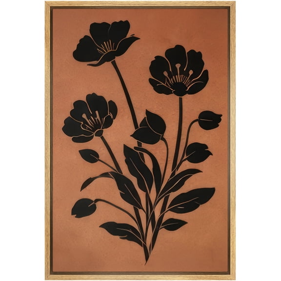 Framed Canvas Print Wall Art Black Floral Line Art Vintage Art for Living Room, Bedroom, Office - 16"x24" NATURAL