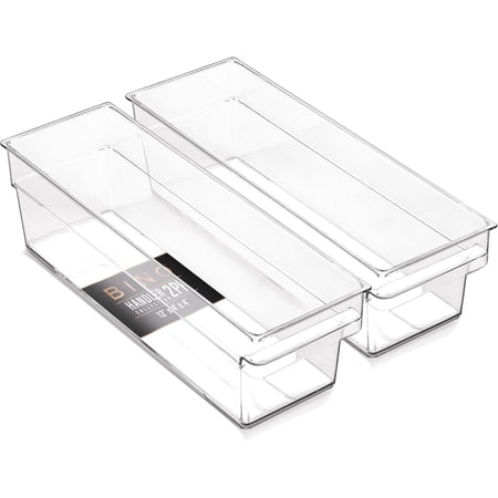 | Plastic Storage Bins Small - Shallow | THE HANDLER COLLECTION | Multipurpose Organizer Bins | Kitchen Pantry Organizers and Storage | Clear Containers for Organizing Home | Freezer Organizer