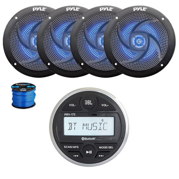 JBL PRV-175 Marine Gauge Mount USB Bluetooth AM/FM Digital Stereo Receiver, 4X 5.25" 180 Watt 2-Way Slim Low Profile Blue Flashing LED Audio Speakers (Black) w/ Wire
