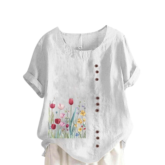 Women's Linen Shirts Short Sleeve Crewneck Blouse Button Casual T Shirt Ladies Plus Size Loose Tunic Tops for Summer My Items Womens Tops