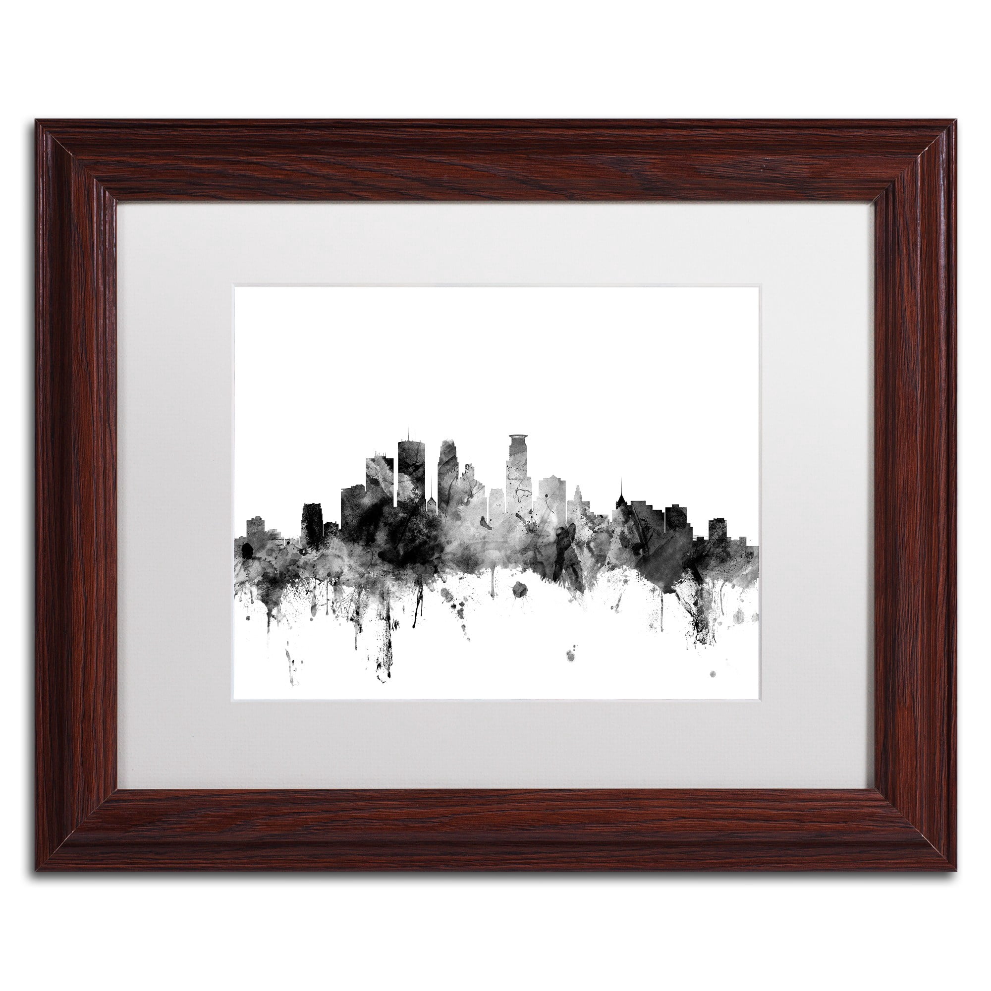 Trademark Fine Art "Minneapolis MN Skyline B&W" Canvas Art by Michael Tompsett, White Matte, Wood Frame
