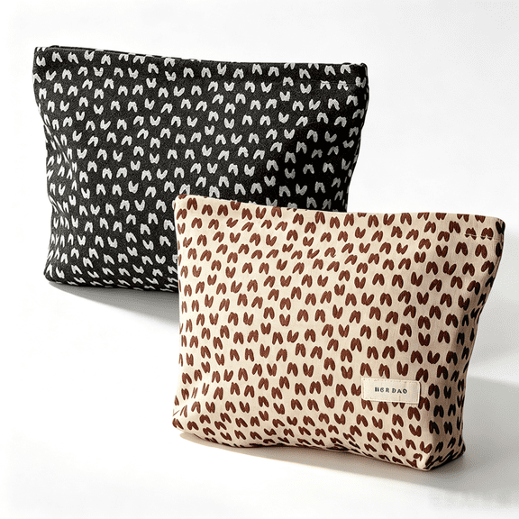 2 Pack Vintage Cosmetic Bag ,Large Black/Brown Canvas Makeup Pouch | Travel Toiletry Bag for Women