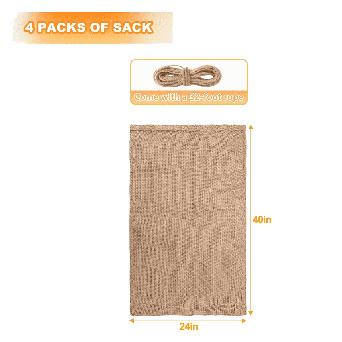 4Pcs Heavy-Duty Burlap Bags,40x24Inch Thicken Potato Storage Sacks with 32.8Ft Ropes, Reusable Potato Bags