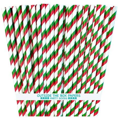 Red White And Green Stripe Christmas Paper Straws 100 Pack