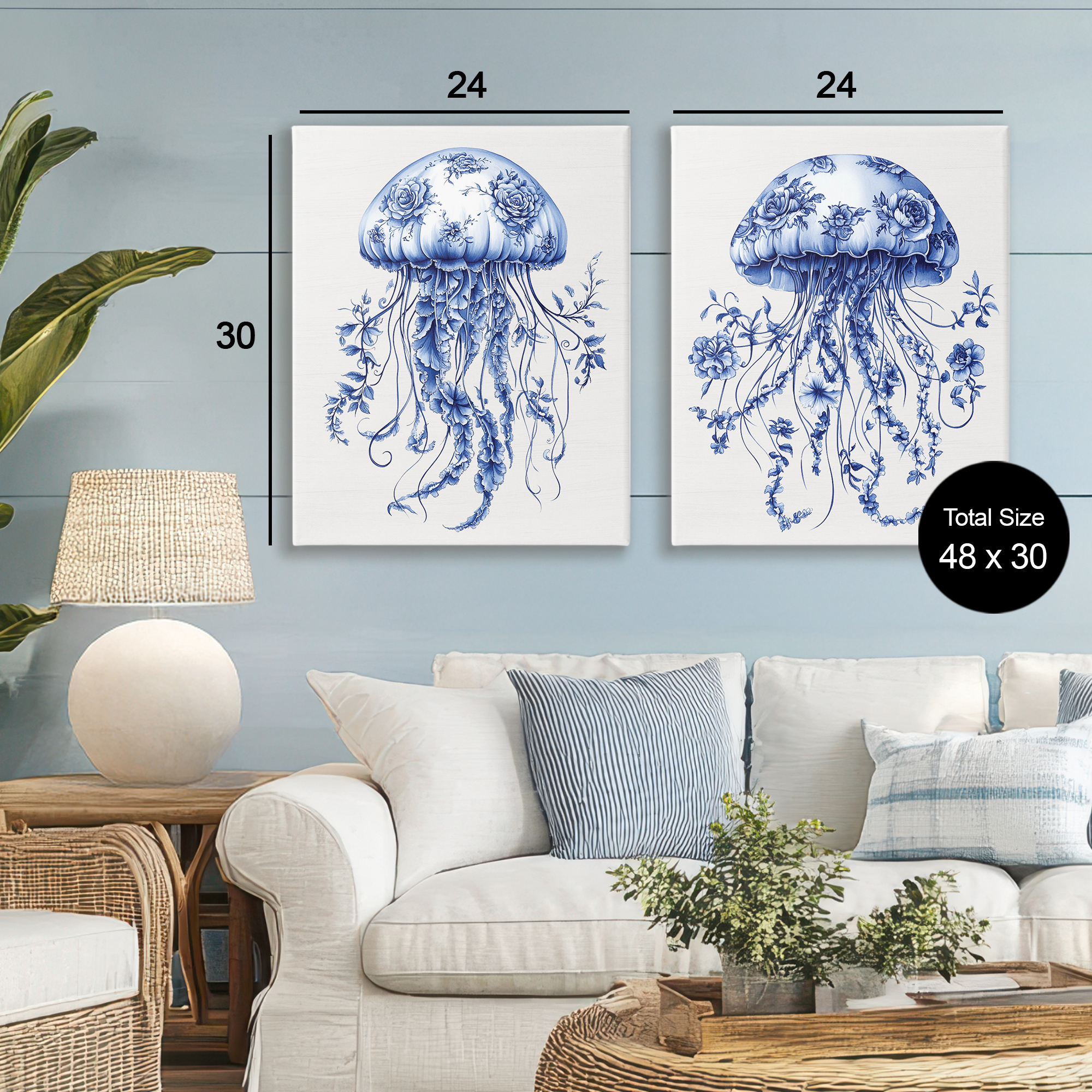 Funky Florals Toile Jellyfish 2 Piece Canvas Wall Art Set, design by Lettered and Lined