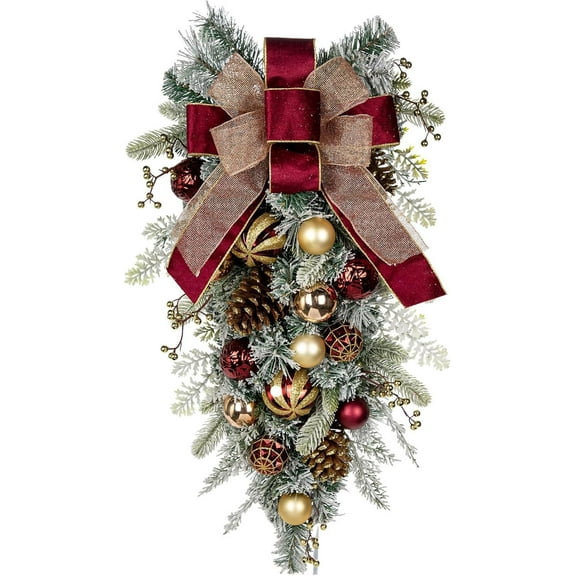 18in Christmas Teardrop Swag for Front Door Artificial Winter Swag Garland with Pine Cones, Berry Clusters, Burgundy Ball Ornaments and Ribbons for Thanksgiving Holiday Christmas Decoration