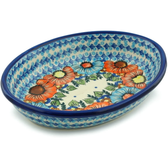 Polish Pottery 11½-inch Oval Bowl (Bold Poppies Theme) Signature UNIKAT Hand Painted in Boleslawiec, Poland + Certificate of Authenticity
