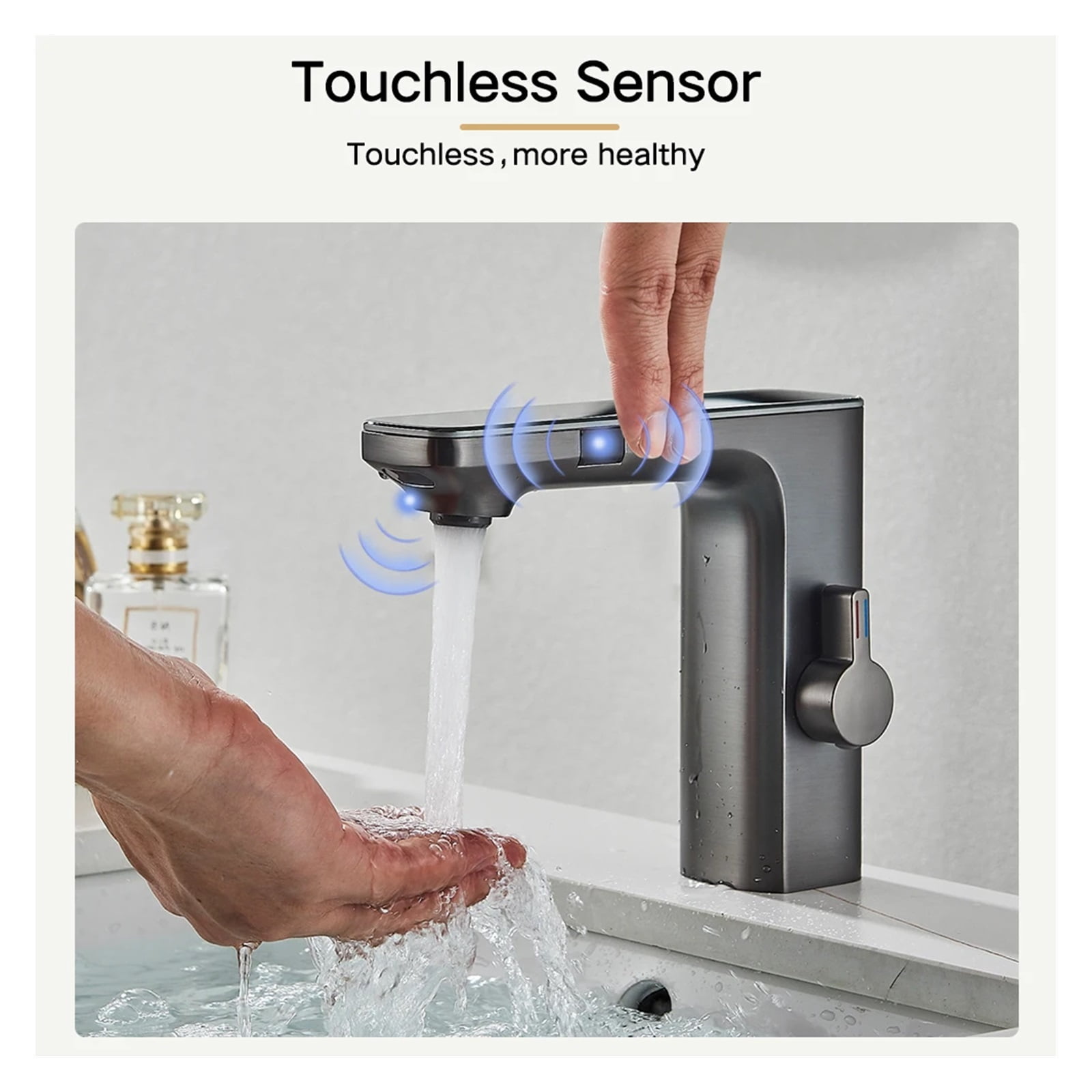 Touchless Sensor Basin Faucet, Brass Smart Digital Display Bathroom Sink Faucet, Grey Sense Hot Cold Water Mixer Tap Battery Power