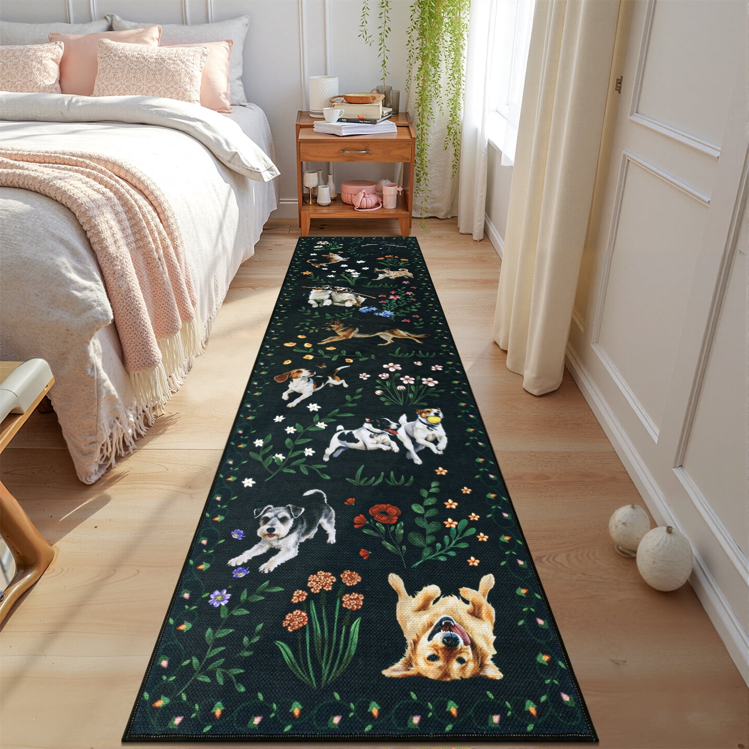 MJIAexp 2'x8' Jute Animal Dog Floral Kitchen Runner Rug,Woven Texture Machine Washable Runner Rug Non-Slip Rubberback Hallway Runner Laundry Rug Throw Carpet for Living Room Bedroom Dining Room Entry