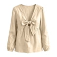 thumbnail image 6 of Womens Bow Tie Cotton Linen Babydoll Tops Casual Trendy Lightweight Long Sleeve Fall French Style Blouse Beige 2XL, 6 of 6
