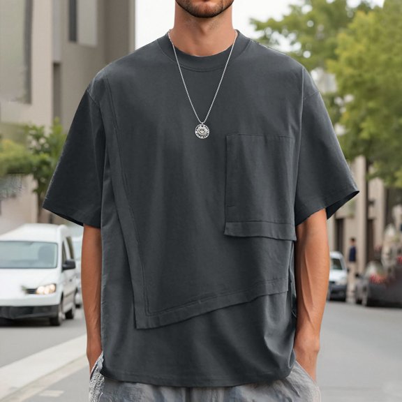 Men Casual Loose Fit Pocket Tee Round Neck Stretchable T Shirt Everyday Wear Spring Summer Blend Comfortable TopGreyL