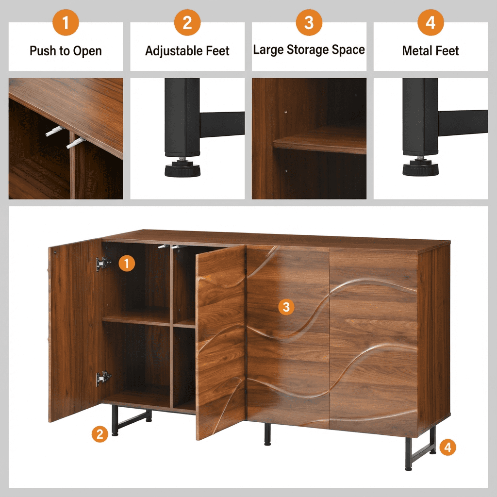Aukfa 59" Wave Relief Sideboard Cabinet,Modern Storage Buffet Cabinet for Dining Room, Living Room, Entryway,Walnut