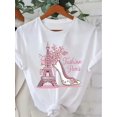 thumbnail image 1 of Women'S Casual Crew Neck Short Sleeve Graphic T-Shirt, Vibrant Eiffel Tower Alphabet Pattern, Soft, Relaxed Fit, Regular Length, Knit Fabric, 180g/㎡, for Spring/Summer, Travel, Vacations, Outdoor Act, 1 of 5