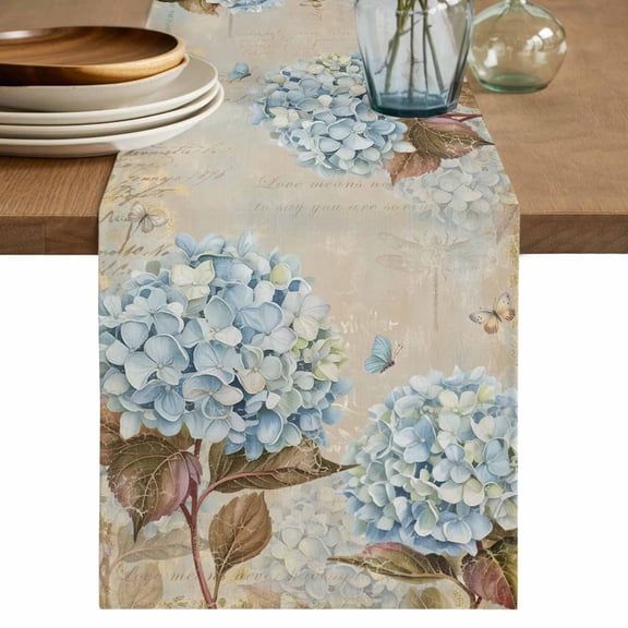Table Runner 72 Inches Long for Kitchen Dining, Blue Hydrangea Dresser Scarf Farmhouse, Dining Table Decorations for Wedding/Parties, Flowers Leaves Butterfly Retro Khaki 18 x 72 In