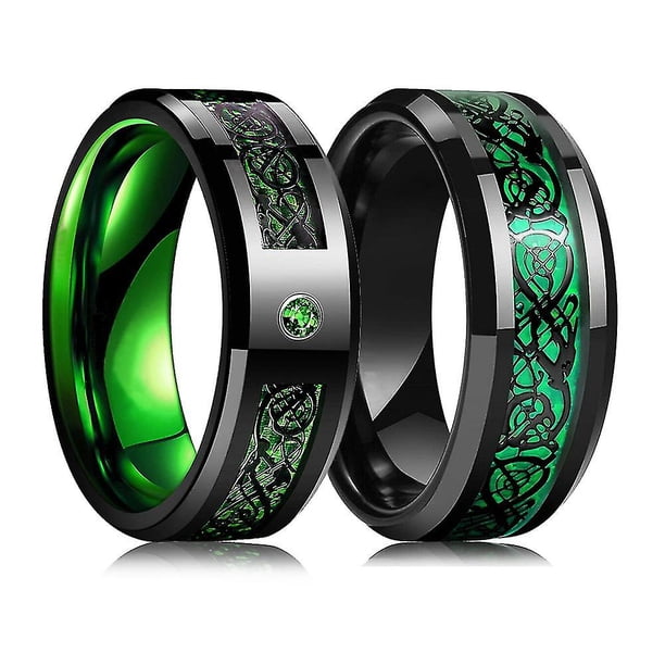 Anillo de boda de tungsteno negro de 8mm para hombre, anillo de dragón celta con incrustaciones de circón verde Punk, anillo de fibra de carbono verde de acero inoxidable para hombre
