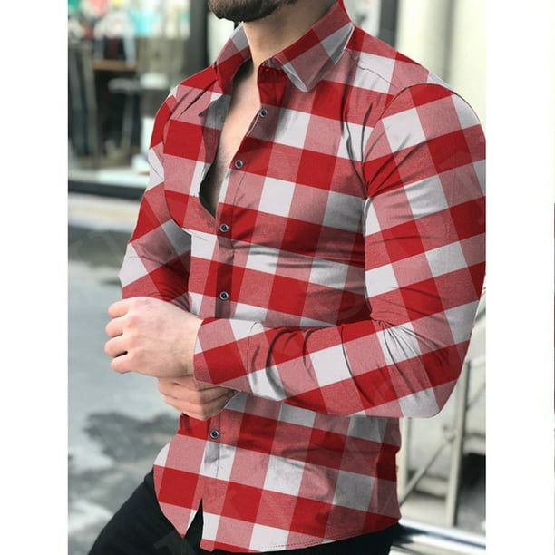 QunButy Tops For Mens New Mens Shirt Fashion Checkered Plaid Cross